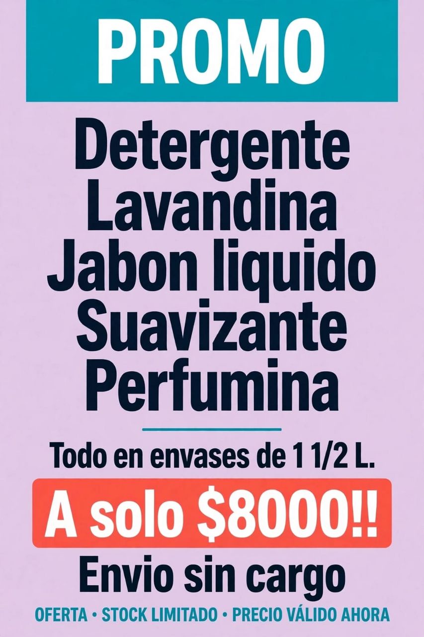 Detergente, lavandina, jabón líquido, suavizante y perfumina